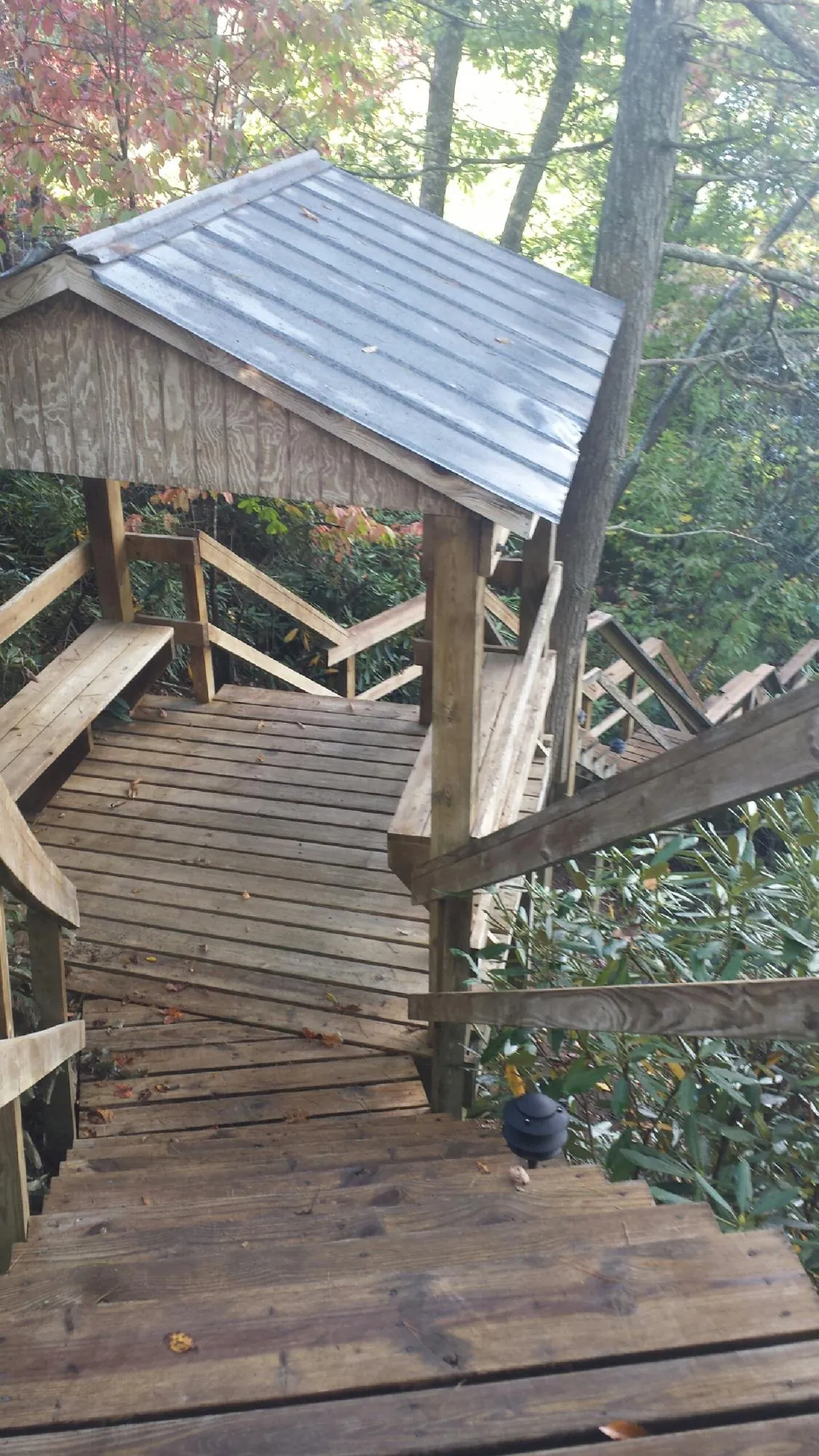 Metal roofed shelter over wooden steps on a wooded walkway — Skylight Repair & Installation work by our crew in Bussey